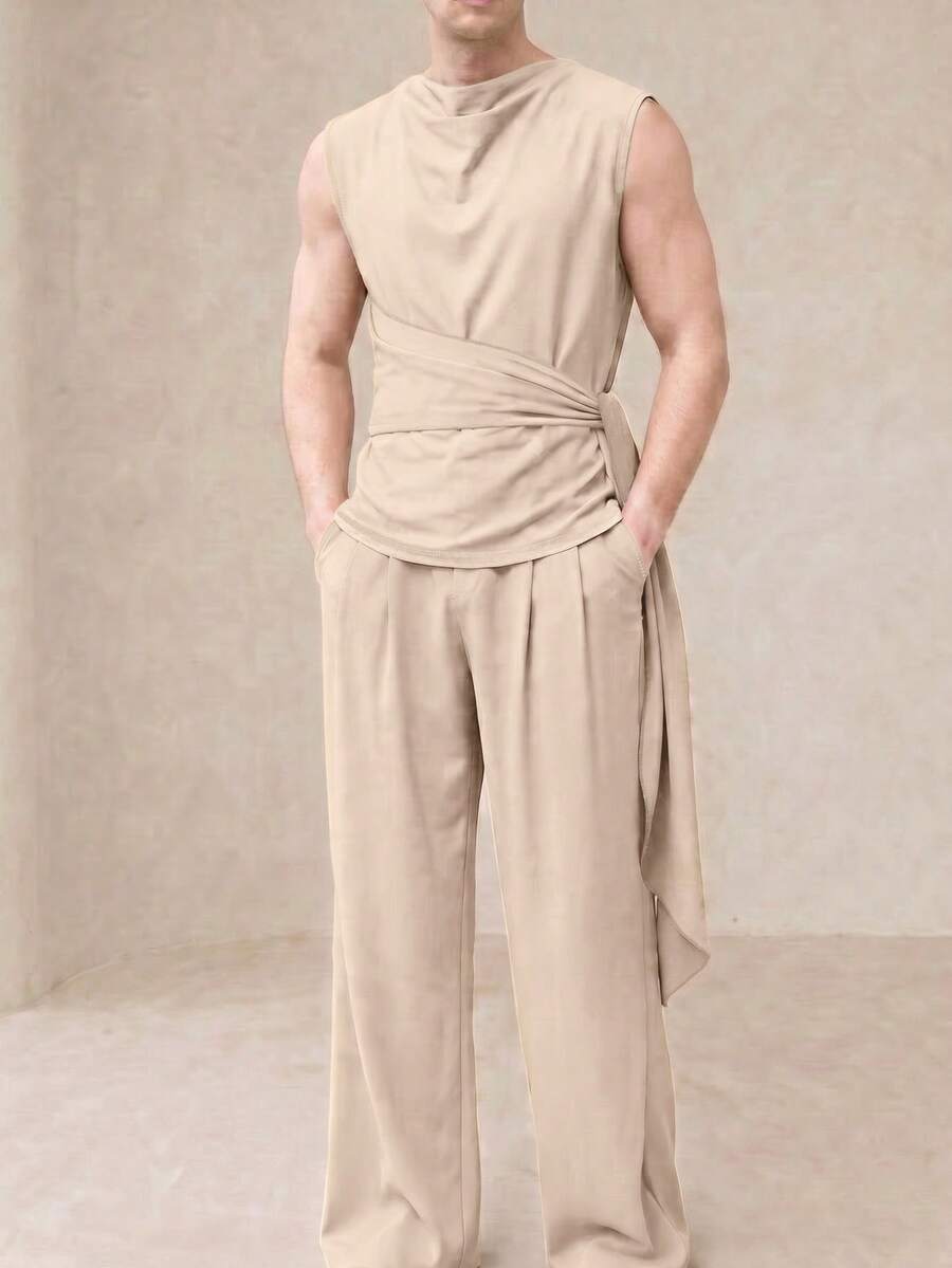 Manfinity Dauomo 301 時尚男士無袖垂領長褲兩件套，230g 健康面料，米色度假夏季日系保守哥德風