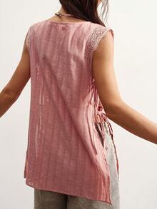 Bohemela Casual Solid Color Woven Patchwork Lace Loose Shirt - Dusty Pink - View 5