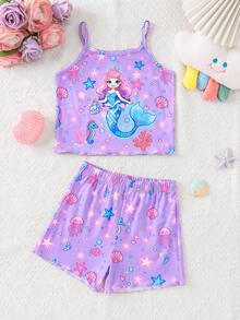 SHEIN 女童卡通印花細肩帶上衣與短褲居家服套裝 - 紫色 - 查看 2