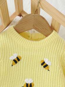 SHEIN Baby Girls' & Boys' Bee Embroidered Knit Romper, Soft Ribbed , Long Sleeve Cozy One-Piece For Newborns & Infants, Soft Comfortable - Yellow - View 4