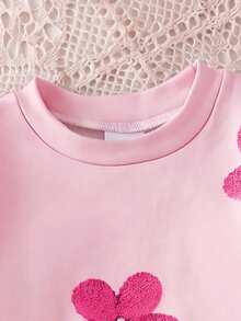 SHEIN Vintaside Kids 2件組幼兒女嬰可愛粉紫色毛絨花朵貼布繡長袖圓領衛衣褲套裝，生日家庭度假派對秋季穿搭 - 粉色 - 查看 6