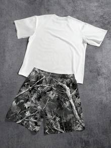Manfinity ZONE917 Men's Loose Knit T-Shirt With Character Print And Drawstring Waist Shorts Set - White - View 5