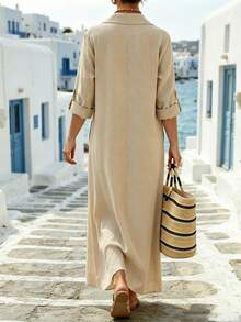 Linhara CURVE Autumn New Loose Casual Traditional Solid Color Plus Size Dress, Suitable For Outings And Daily Gatherings Fall Formal Wedding Guest Beige - Apricot - View 2