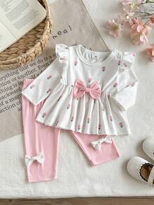 SHEIN Newborn Spring/Autumn Brown Heart Print Top With Bow Knot Decor Pure Black Long Pants  2-Piece Set Suitable For Outings, Sports, Christmas Parties - Pink - View 4