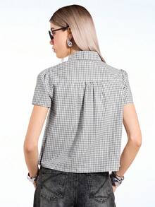 COUREZ Front Tie Short Sleeve Check Shirt , Y2K For Women Autumn Shirt Button Up Rave Club Fall Top Cute Top - Multicolor - View 2