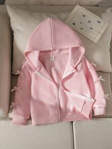 SHEIN 女童蝴蝶結裝飾拉鍊門襟連帽寬鬆休閒冬季衛衣 返校季 粉色 秋季 - 粉色 - 查看 6