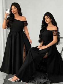 Elenzga Women's Plus Size Spring Summer Autumn Black Long Dress, 3D Floral Mesh Patchwork Knit Fabric, Asymmetrical Shoulder Short Sleeve, Cinched Waist, A-Line, Elegant Casual For Daily Wear, Home, Office, Beach, Vacation, Holiday, Romantic Gathering, Date, Wedding Guest, Party - Multicolor - View 7