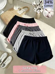 Tween Girl Drawstring Waist Solid Color Casual Daily Shorts - Navy Blue - View 1