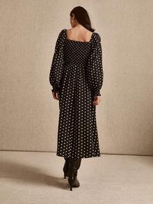lacRébo Black Polka Dot Shirred Midi Dress, Square Neckline And Puff Long Sleeves With Shirred Cuff, Spring - Black - View 2