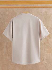 HIMLAND 男士亞麻套裝 2 件式夏季休閒服，短袖立領襯衫搭配抽繩休閒長褲，沙灘度假居家透氣套裝 - 卡其色 - 查看 7