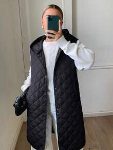 DAZY Solid Color Quilted Diamond Pattern Hooded Sleeveless Long Elegant Formal Autumn/Winter Women's Padded Coat - Black - View 3
