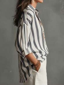 SHEIN Kemeja Lengan Panjang Katun Linen Bergaris Kasual Nyaman untuk Wanita - Hitam dan Putih - View 3