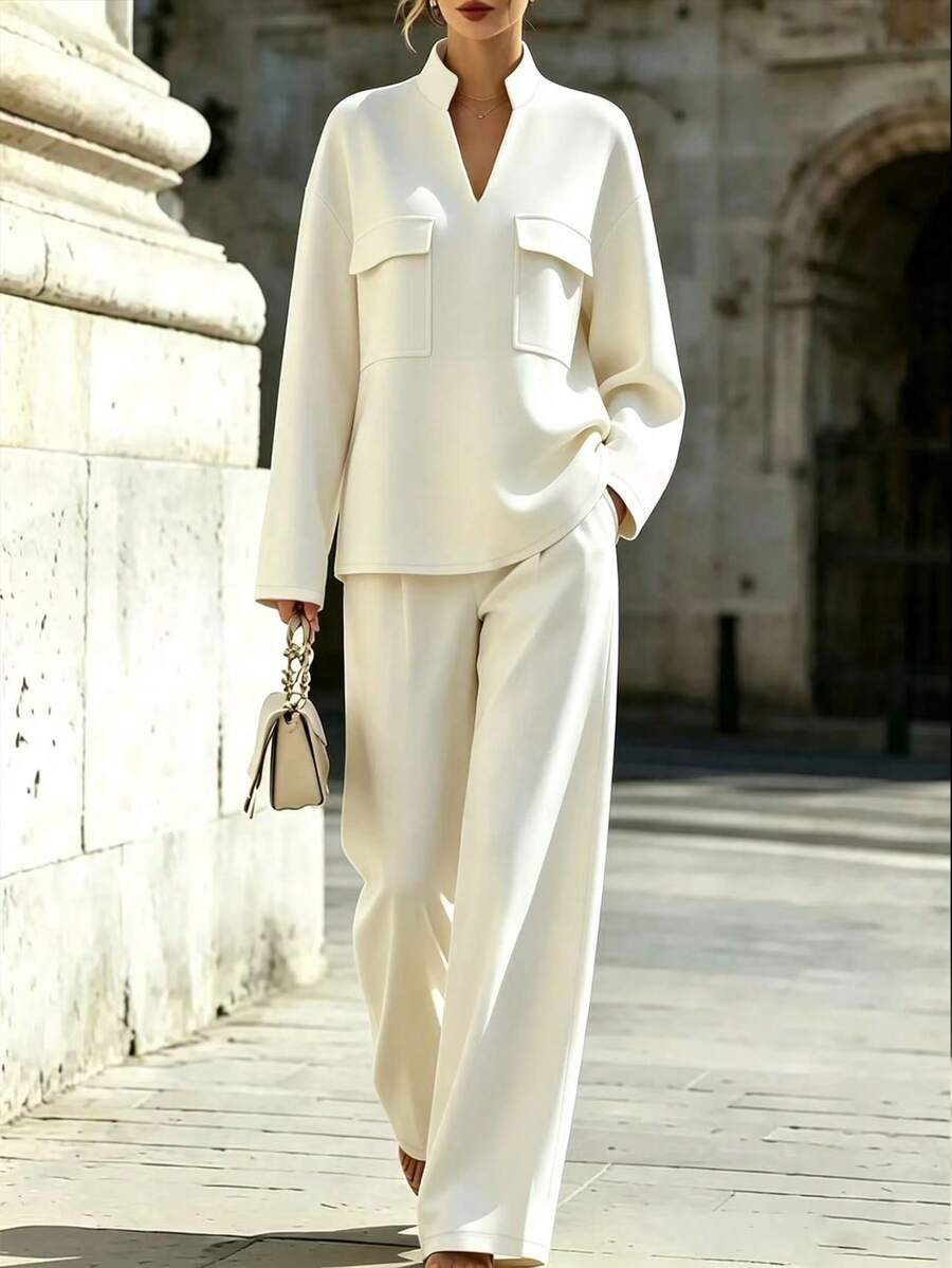 SHEIN New Women's Office Casual 2 Pieces Set With Stand Collar, Double Pockets, Dropped Shoulder Top And Straight Leg Pants - White - View 1