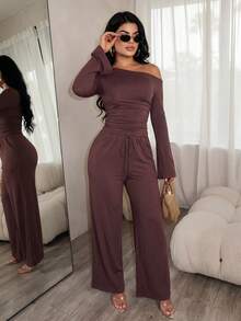 Vavine Women's Elegant Casual Brown & Gold Buckle 2 Pieces Set - Coffee Brown - View 4