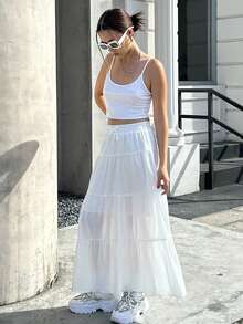 SHEIN Teen Girl Casual Pleated Loose White Long Skirt - White - View 4