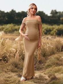 Cheriluna Maternity 聖誕派對洋裝/優雅派對洋裝/嬰兒洗禮派對洋裝 純色露肩露背蝴蝶結長版孕婦攝影洋裝 - 卡其色 - 查看 3