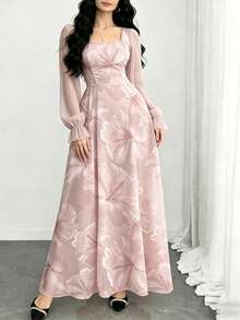 Modelyn 大尺碼夢幻碎花圖案仿刺繡印花灰粉色洋裝，女款方領燈籠長袖秋季收腰設計 - 彩色 - 查看 3