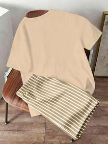 Daypath Men's Coconut Tree Print T-Shirt And Striped Shorts Set - Apricot - View 4