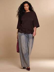 SHEIN BAE CURVE Plus Size Lace Patchwork Casual Loose T-Shirt - Brown - View 4