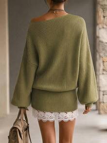 SHEIN Fall Winter Green Deep V Rib Knit Two Pieces Set, Oversized Lazy Sweater + Lace Hem Spliced Bodycon Knit Skirt, Vertical Rib Textured Casual Outfit - Army Green - View 2
