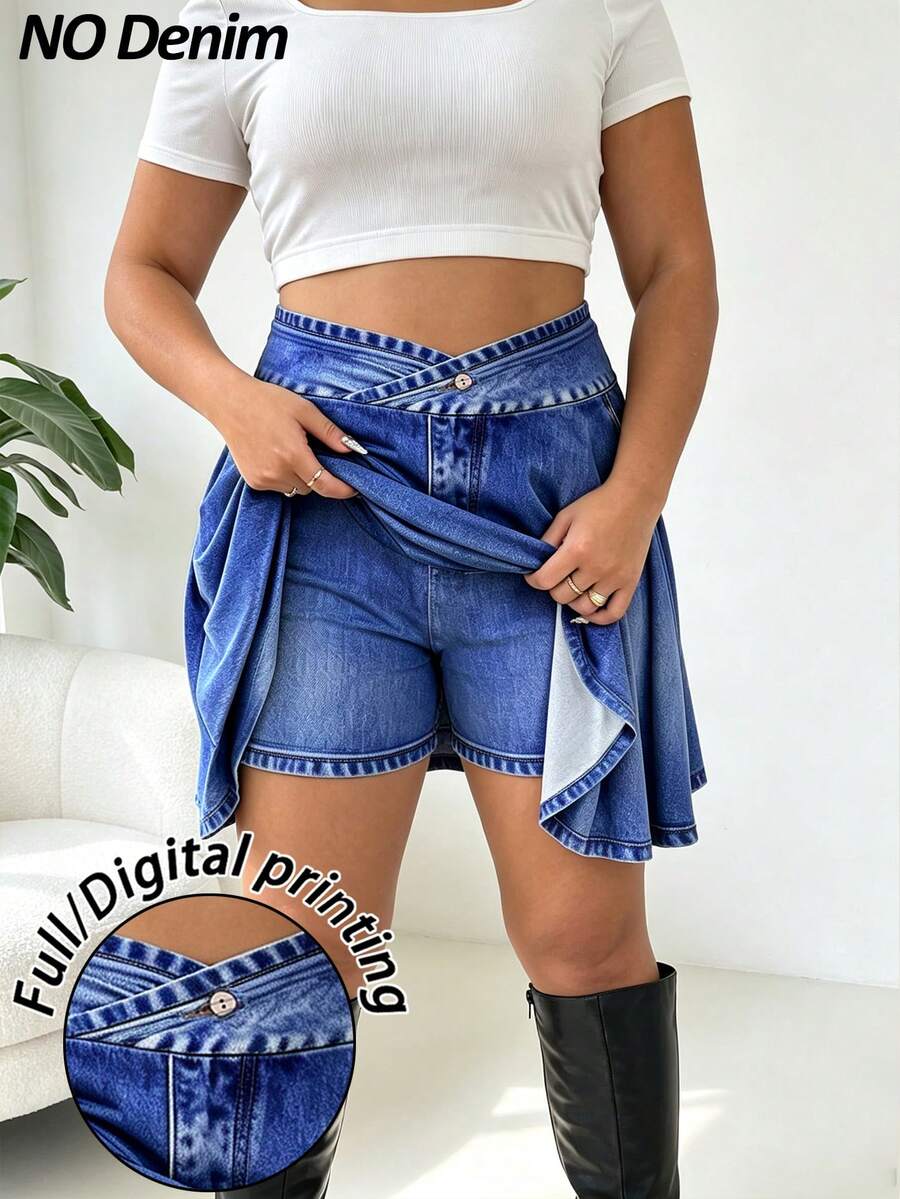 Elenzga 大码女装时尚休闲浅蓝色牛仔印花高腰显瘦短裙,适合运动、户外跑步和日常休闲穿着 - 藏蓝色 - 查看 1