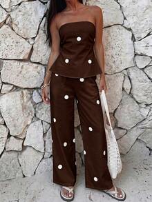 Firerie Setelan Atasan Bandeau dan Celana Panjang Wanita Musim Panas 2 Potong, Setelan Celana Panjang Motif Polkadot Minimalis Wanita - Coklat - View 5