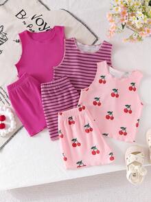 SHEIN Elladie kids 6件組女嬰幼兒0-3歲休閒日常基本度假款柔軟針織無袖上衣T恤與短褲套裝，亮桃紅色3色夏季套裝 - 彩色 - 查看 3