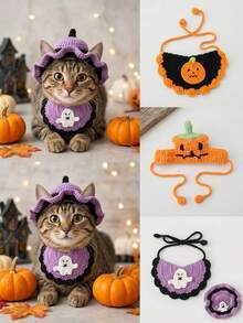 PETSIN 1 Buah Topi dan Syal Leher Rajut Halloween untuk Hewan Peliharaan, Dekorasi Hantu Menyeramkan untuk Kucing & Anjing - MultiWarna - View 1