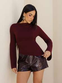 Maju Mazalli Crew Neck Ruched Flare Sleeve Cinched Waist Asymmetric Hem Burgundy Versatile T-Shirt,Red Top,Fall,Fall Clothes For Women Casual - Burgundy - View 1