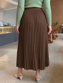 Dazy Plus Rok Lipit Elegan Warna Polos untuk Musim Semi/Panas, Rok Cokelat Serbaguna - Coklat - View 4