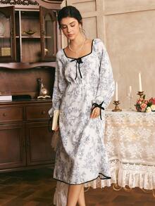 Côtesoire Women's French Elegant Floral Line Long Sleeve A-Line Nightgown - Black and White - View 6