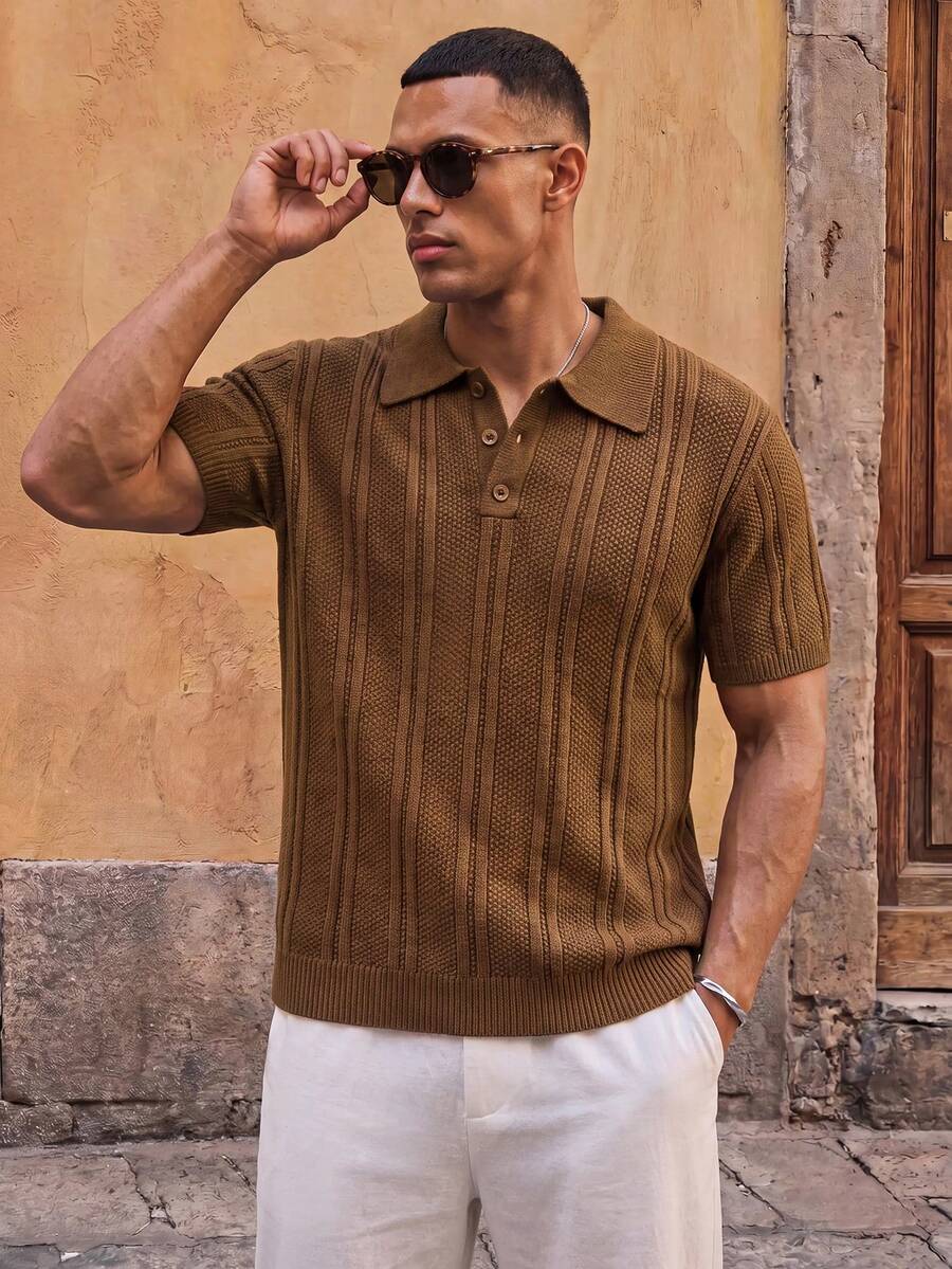 HIMLAND 男士純色 Polo 領休閒百搭日常穿著針織上衣 - 棕色 - 查看 1