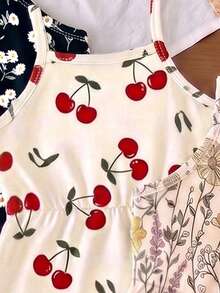 1pc Random, Baby Girl Summer New Soft Fabric Floral & Cherry Print Spaghetti Strap Round Neck Casual Romper, Daily Wear Cute Style - Multicolor - View 4