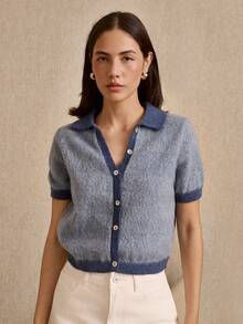 lacRébo Light Blue Short Sleeve Knit Top With Navy Collar And Hem, Casual - Blue - View 1