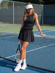 CourtClass CourtClass Women's Solid Color Ruffle Tank Top And Skirt Tennis Outfit Sports Set - Black - View 3