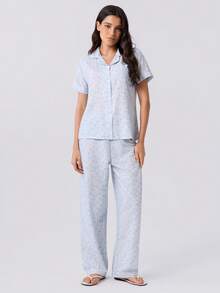 Loungeista Bubble Crinkle Little Star Print Short Sleeve Long Pants Pajama Set - Baby Blue - View 1