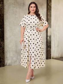 Modelyn Plus Size Women Black And White Pattern Round Neck Short Sleeve Pleated Design Elegant 70's Dress Tea Party Brunch Dinner Summer - Apricot - View 11