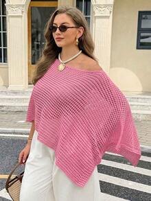 Easura 女款春夏秋時尚休閒不規則鏤空露肩寬鬆顯瘦大尺碼長袖套頭針織衫，外出上衣，海灘度假穿搭 - 玫紅色 - 查看 7