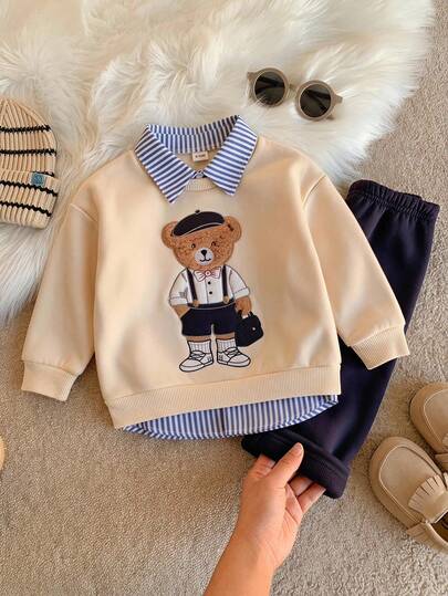 SHEIN Conjunto de 2 piezas de sudadera y pantalones para bebé niño/niña unisex, estilo casual y lindo con patrón de bordado de patchwork de oso, para otoño/invierno, conjunto de sudadera