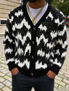 GALLERY FADE Men's Contrast Color Long Sleeve Single-Breasted Casual Knit Cardigan - Black and White - View 4