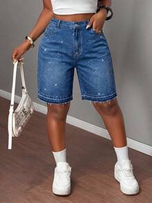 Slaydiva Shorts de mezclilla de talla grande con botones de strass, bolsillos y dobladillo deshilachado, versátiles - Azul lavado oscuro - Ver 2