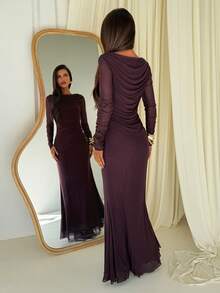 Aloruh Women's Solid Color Pleated Slim Fit Long Sleeve Evening Dress - Burgundy - View 2