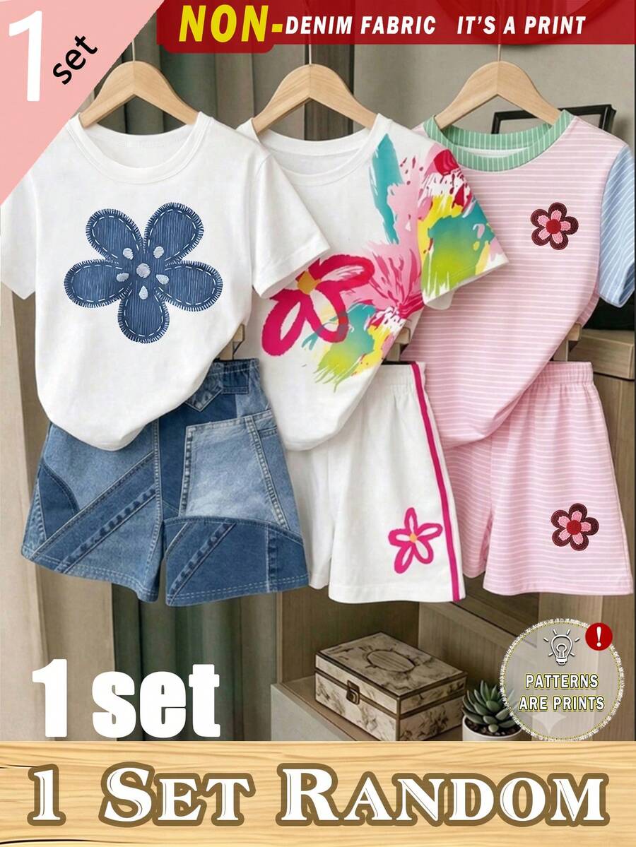 (1 Set Random) Girls' Floral Green Pink Blue Colorblock Thin Pink Horizontal Striped Blue Patchwork Basic Short T-Shirt And Shorts 2 Pieces Set - Multicolor - View 1
