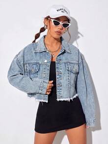 Jeanoix Plus Size Fashion Single-Breasted Frayed Pocket Cropped Denim Jacket - Light Wash - View 6