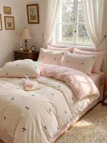 Cirelle Set Sprei 3pcs Motif Pita, Bahan Poliester Lembut Bolak-balik, Warna Krem & Merah Muda, Set Perlengkapan Tidur dengan Resleting & 2 Sarung Bantal (Tanpa Isian) - MultiWarna - View 1