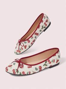 CUCCOO DOLLMOD Women's Shoes, Cherry Print, Casual Flats With Bows, Ballet Shoes Fall Shoes - Burgundy 1 - View 3