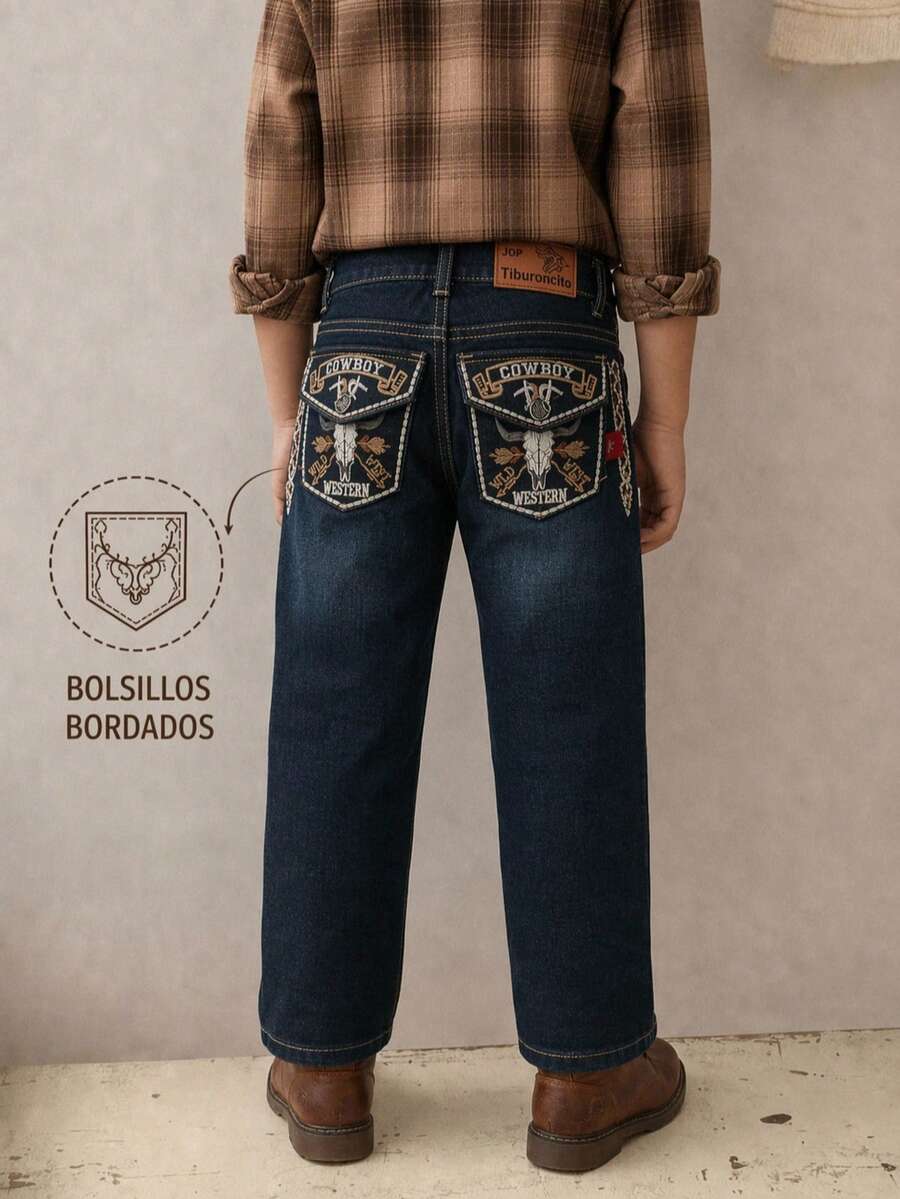 Cross Kids Pants With Embroidery In Back Doors - Dark Wash - View 1
