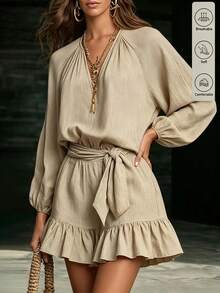 SHEIN Latest Women's Gentle Style Textured V-Neck Tie-Front Ruffle Dress, Crafted From Light Apricot Textured Fabric, V-Neck + Gathered Neckline With Lantern Sleeve Design, Waist Tie Bow Cinched Waist, Ruffle Hem Adds Lively Atmosphere, Suitable For Daily Dates, Light Vacations, Casual Commuting - Khaki - View 5