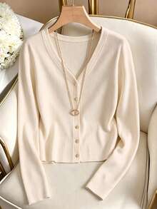 GlowEve Fashionable Autumn Single-Breasted Button Brushed Ribbed Slim Fit Long Sleeve Knit Women's T-Shirt - Apricot - View 1