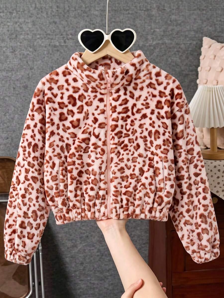SHEIN 女童冬季粉色豹紋抓絨外套，彈性袖口與口袋，加厚抓絨，寬鬆版型，適合室內或戶外公園活動